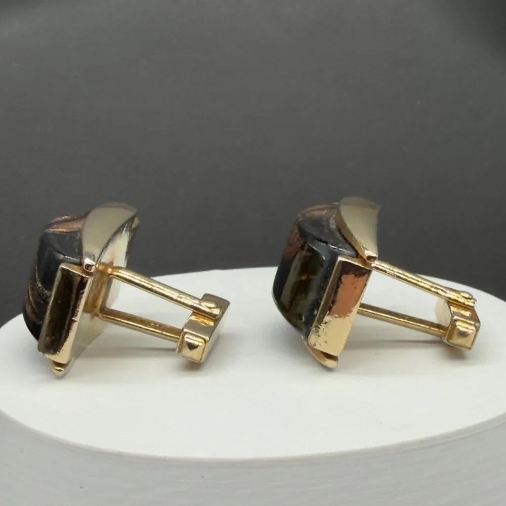 Vintage Gold Tone Black Bronze Swirl Glass Cufflinks Metallic Accents